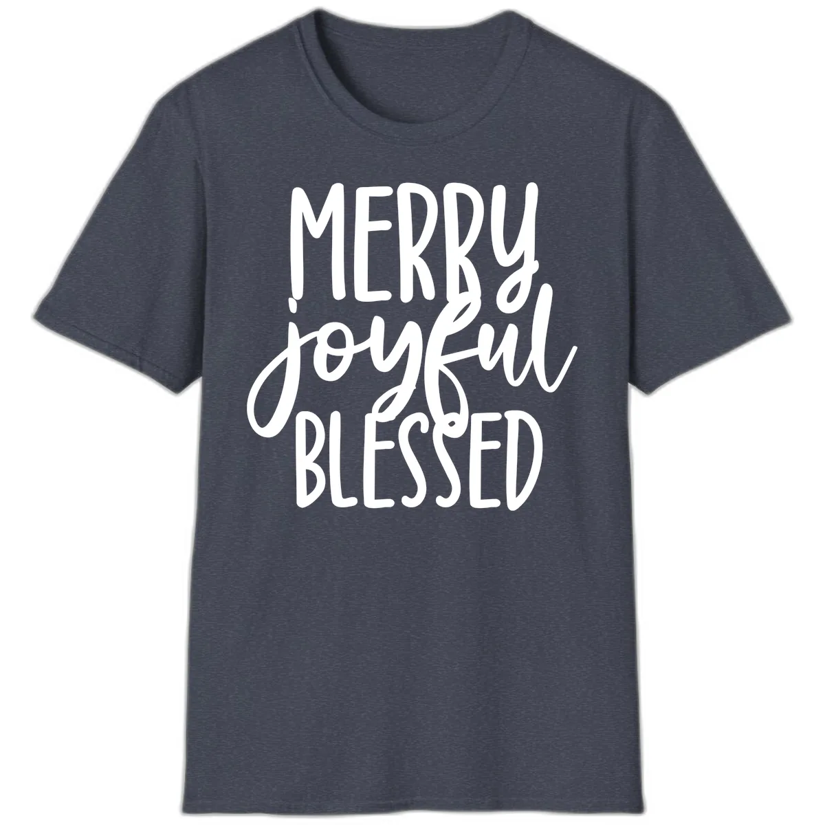 Merry Joyful Blessed Holiday Typography T-Shirt in Heather Navy