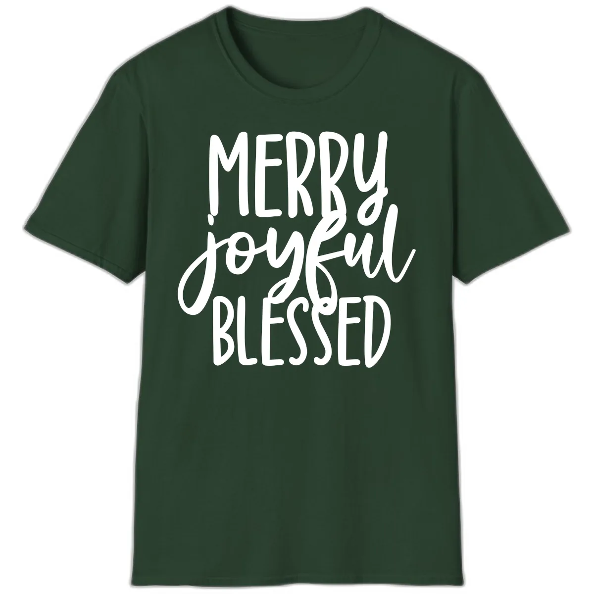 Merry Joyful Blessed Holiday Typography T-Shirt in Forest Green