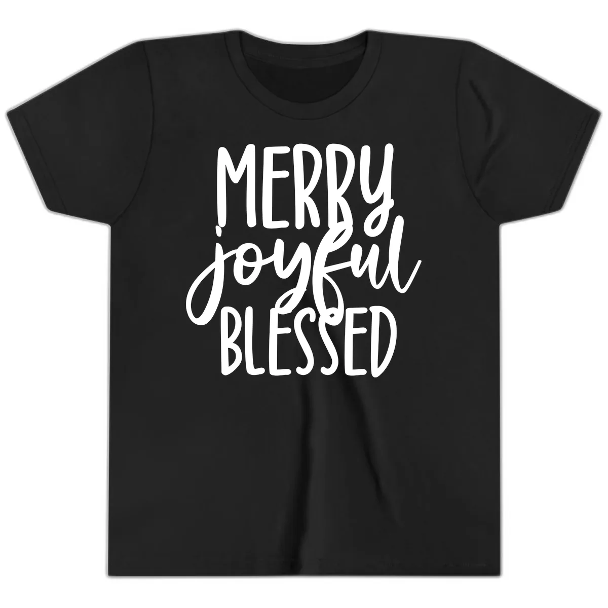 Merry Joyful Blessed Holiday Typography Youth T-Shirt in Black