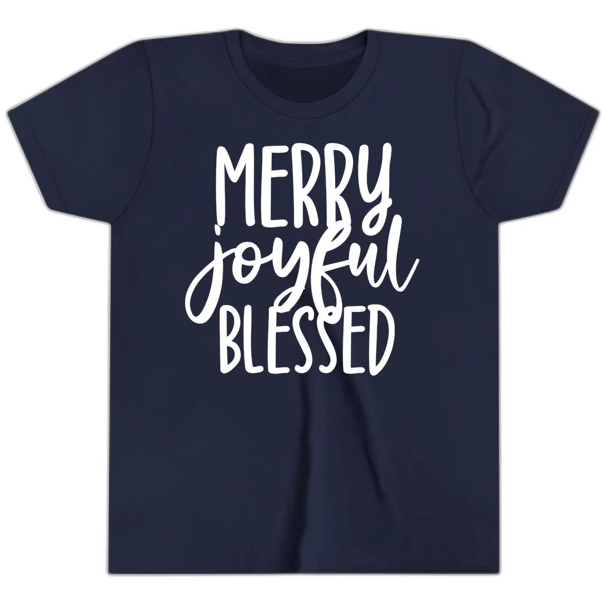 Merry Joyful Blessed Holiday Typography Youth T-Shirt in Navy