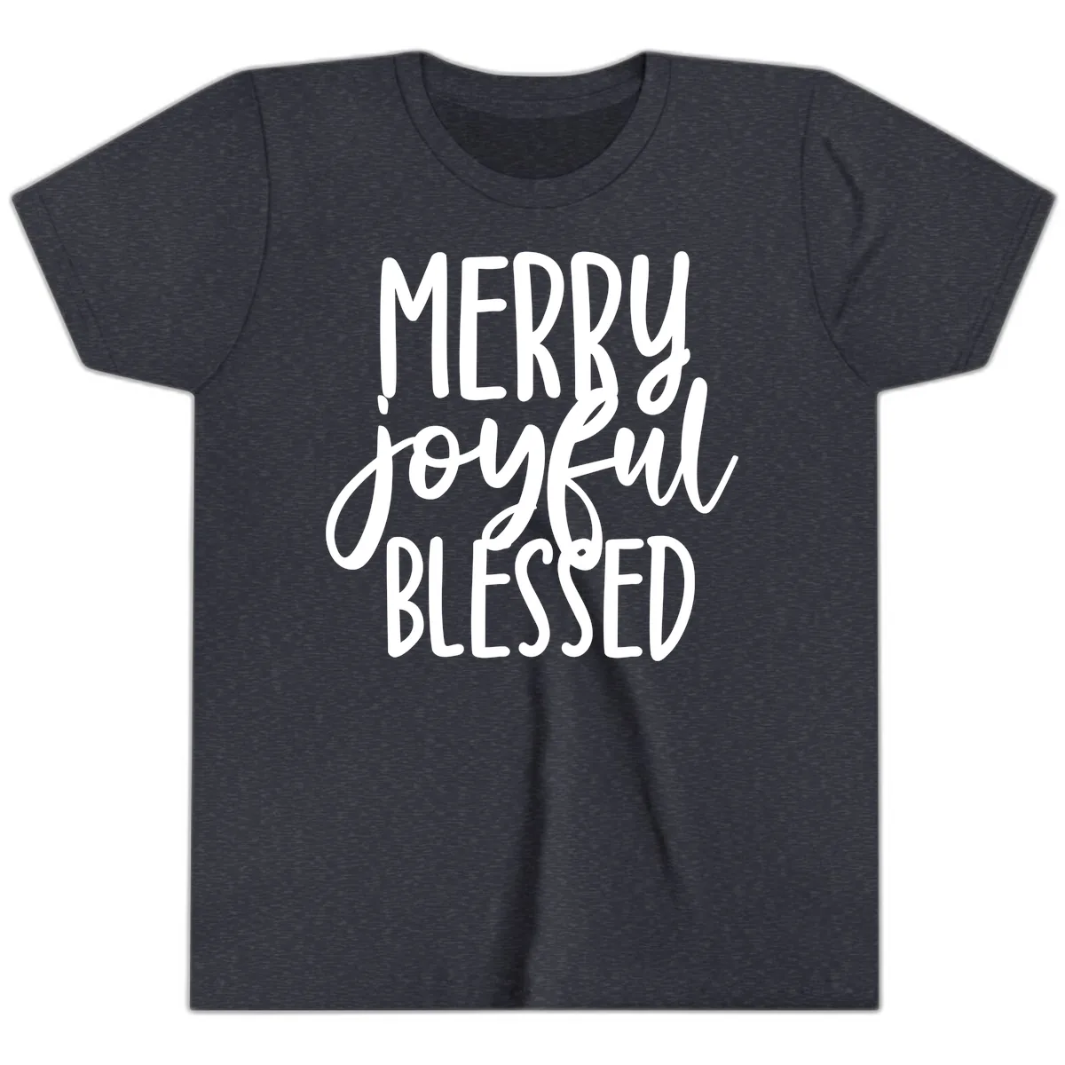 Merry Joyful Blessed Holiday Typography Youth T-Shirt in Heather Navy
