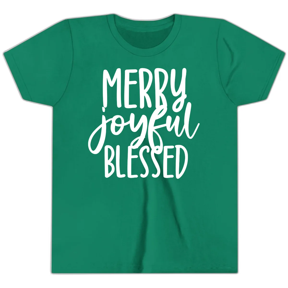 Merry Joyful Blessed Holiday Typography Youth T-Shirt in Kelly