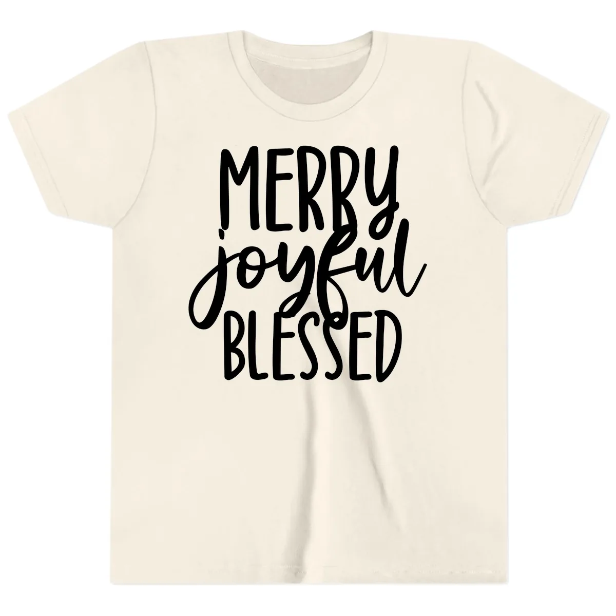 Merry Joyful Blessed Holiday Typography Youth T-Shirt in Natural