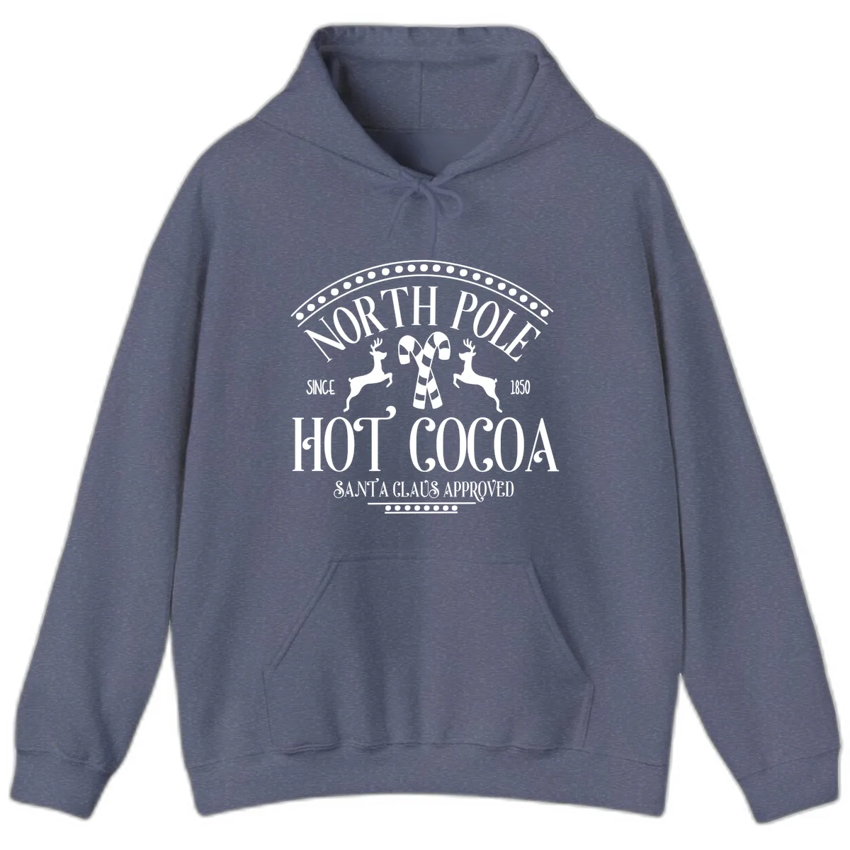 North Pole Hot Cocoa Since 1850 Sign Hoodie in Heather Navy