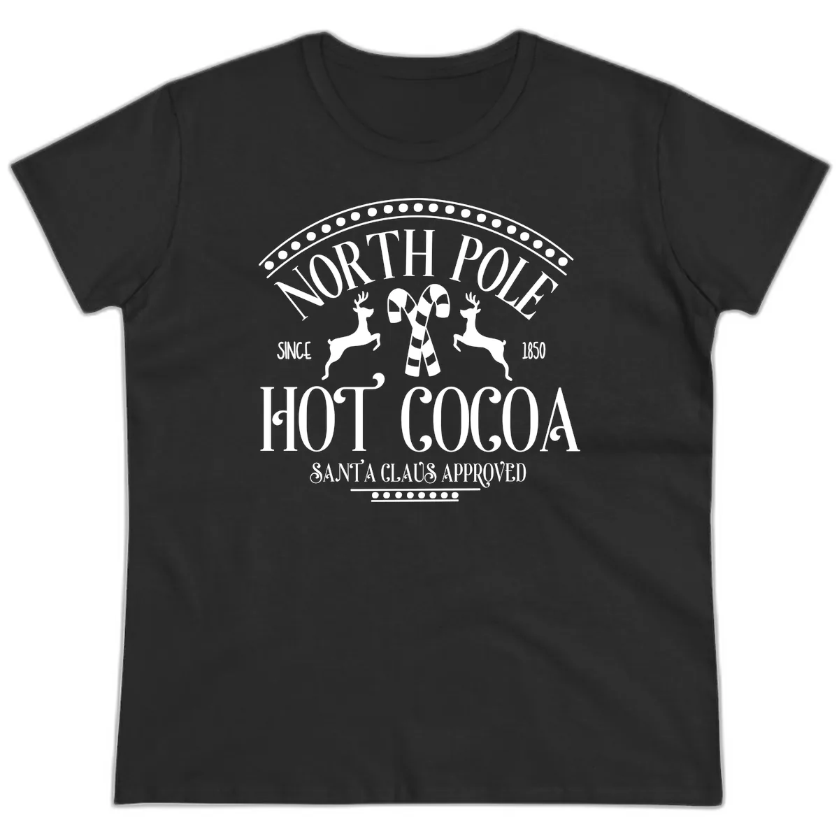 North Pole Hot Cocoa Since 1850 Sign Ladies Tee in Black