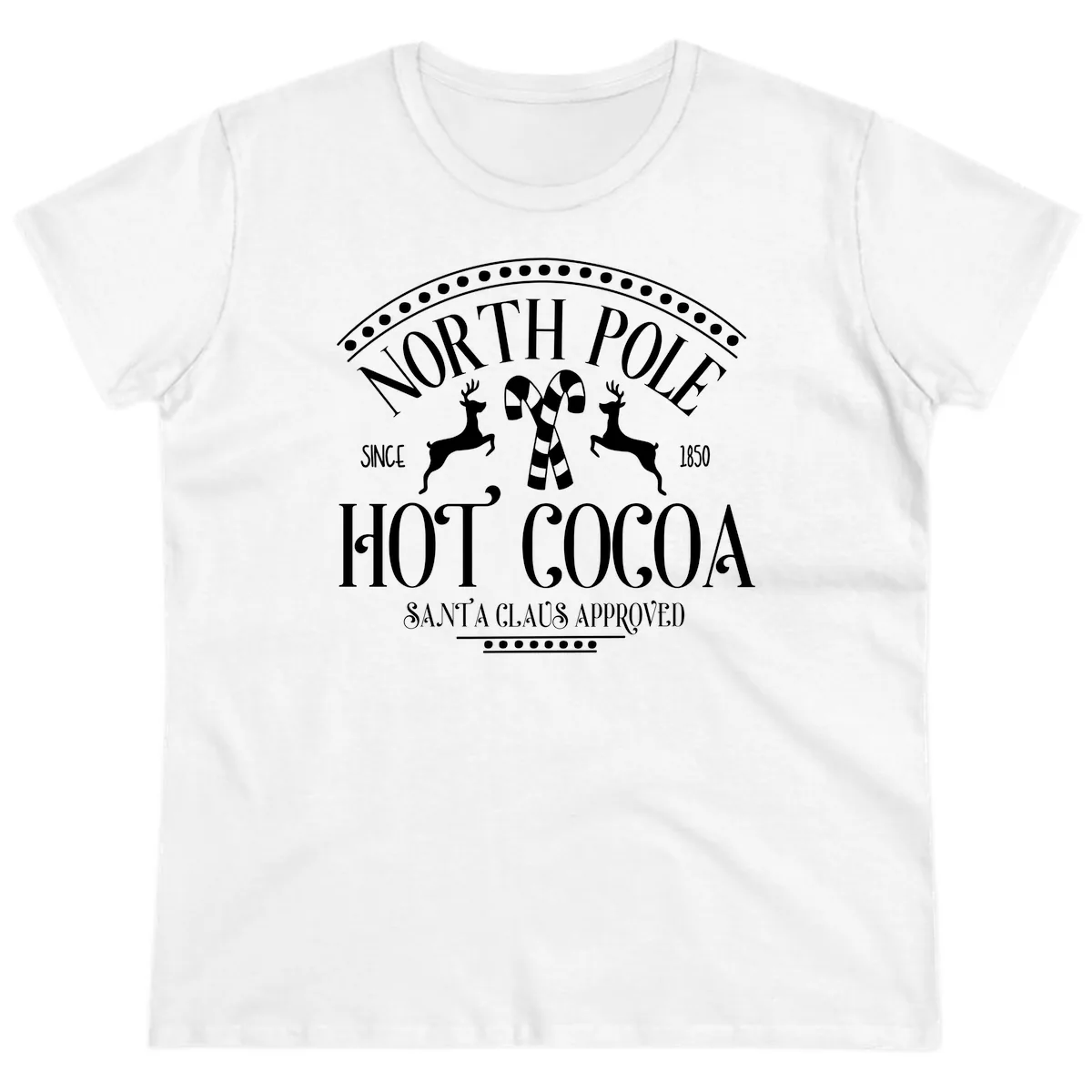 North Pole Hot Cocoa Since 1850 Sign Ladies Tee in White