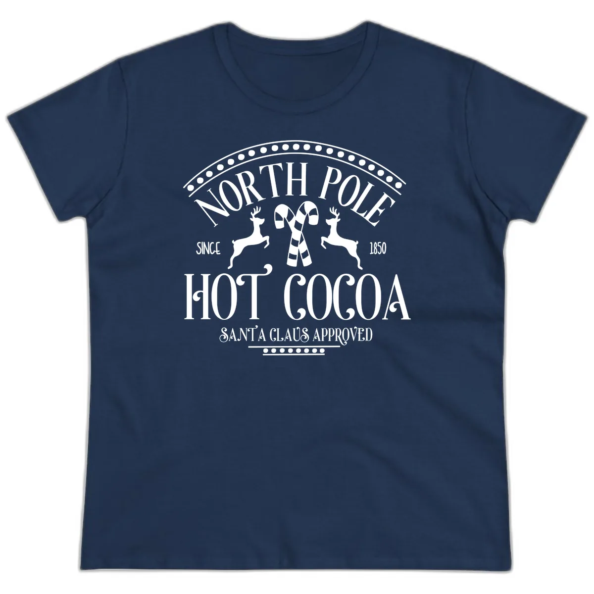North Pole Hot Cocoa Since 1850 Sign Ladies Tee in Navy