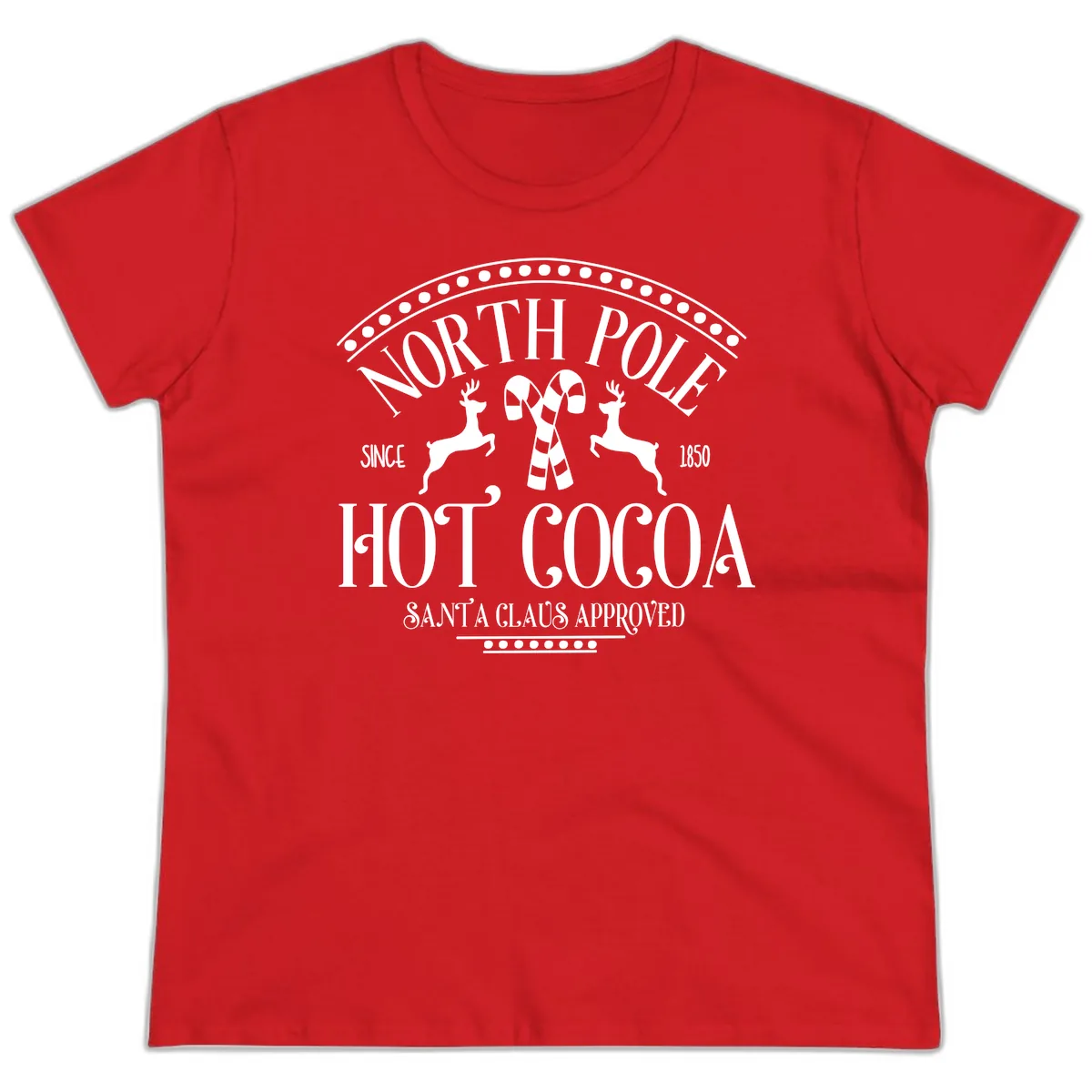 North Pole Hot Cocoa Since 1850 Sign Ladies Tee in Red