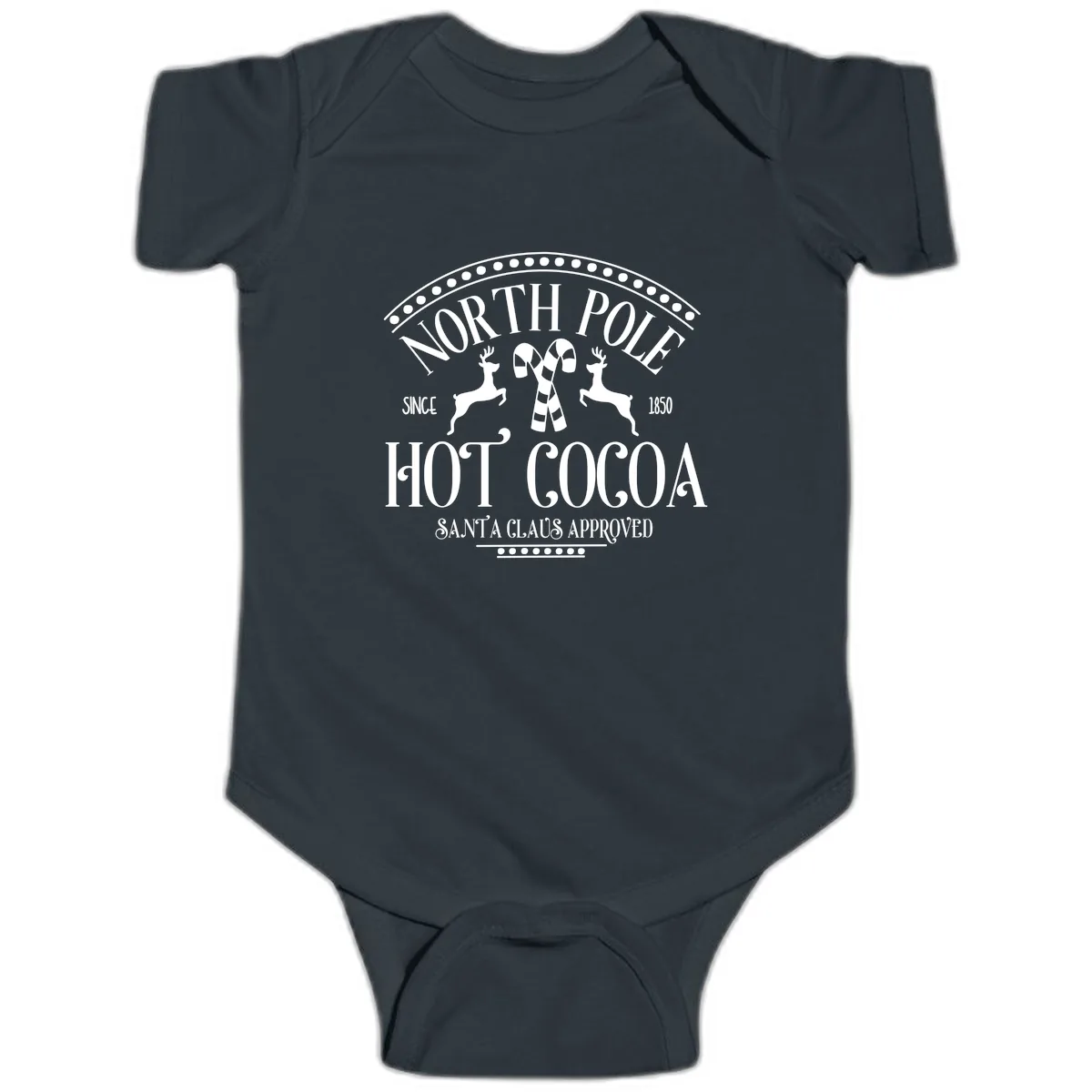 North Pole Hot Cocoa Since 1850 Sign Baby Onesie in Black