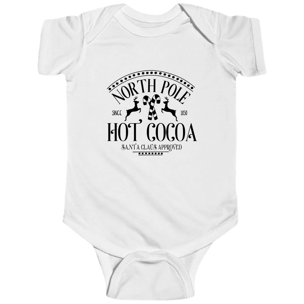 North Pole Hot Cocoa Since 1850 Sign Baby Onesie in White
