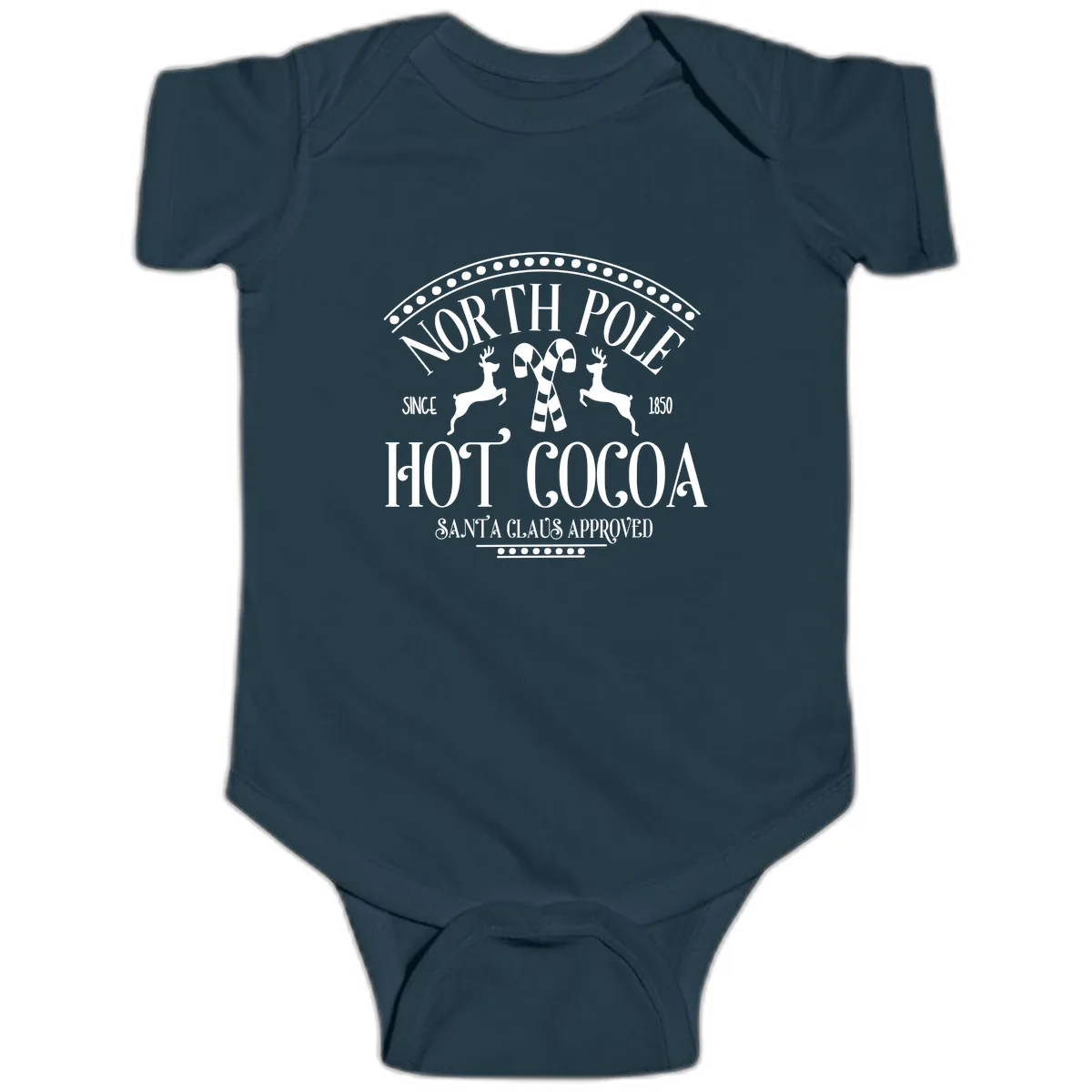 North Pole Hot Cocoa Since 1850 Sign Baby Onesie in Navy