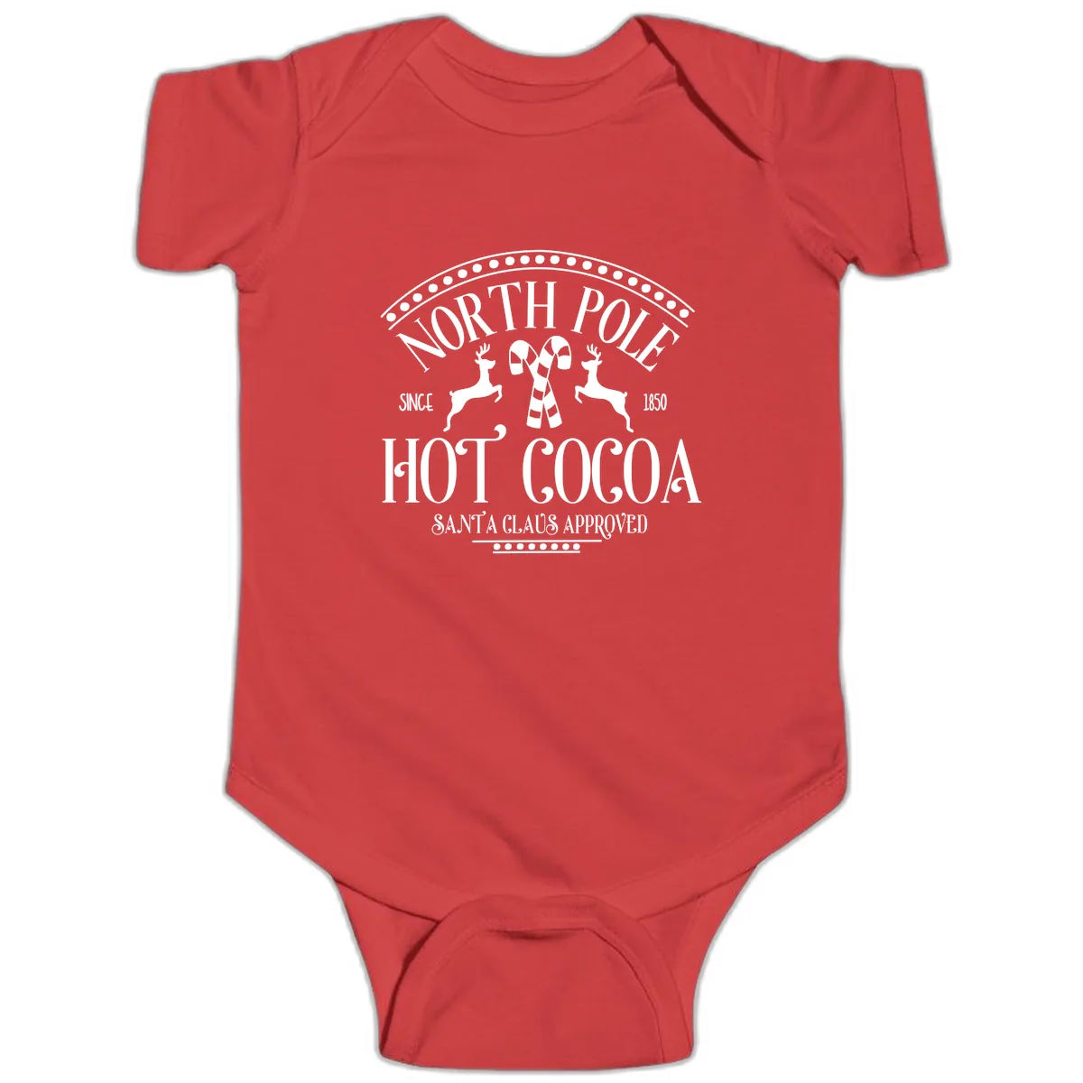 North Pole Hot Cocoa Since 1850 Sign Baby Onesie in Red