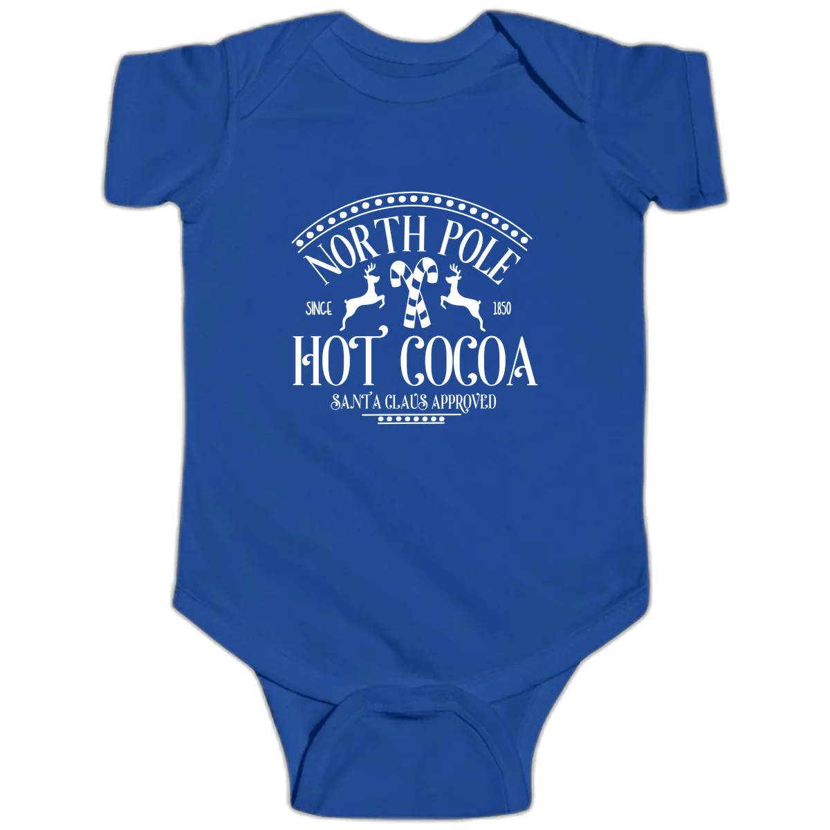 North Pole Hot Cocoa Since 1850 Sign Baby Onesie in Royal