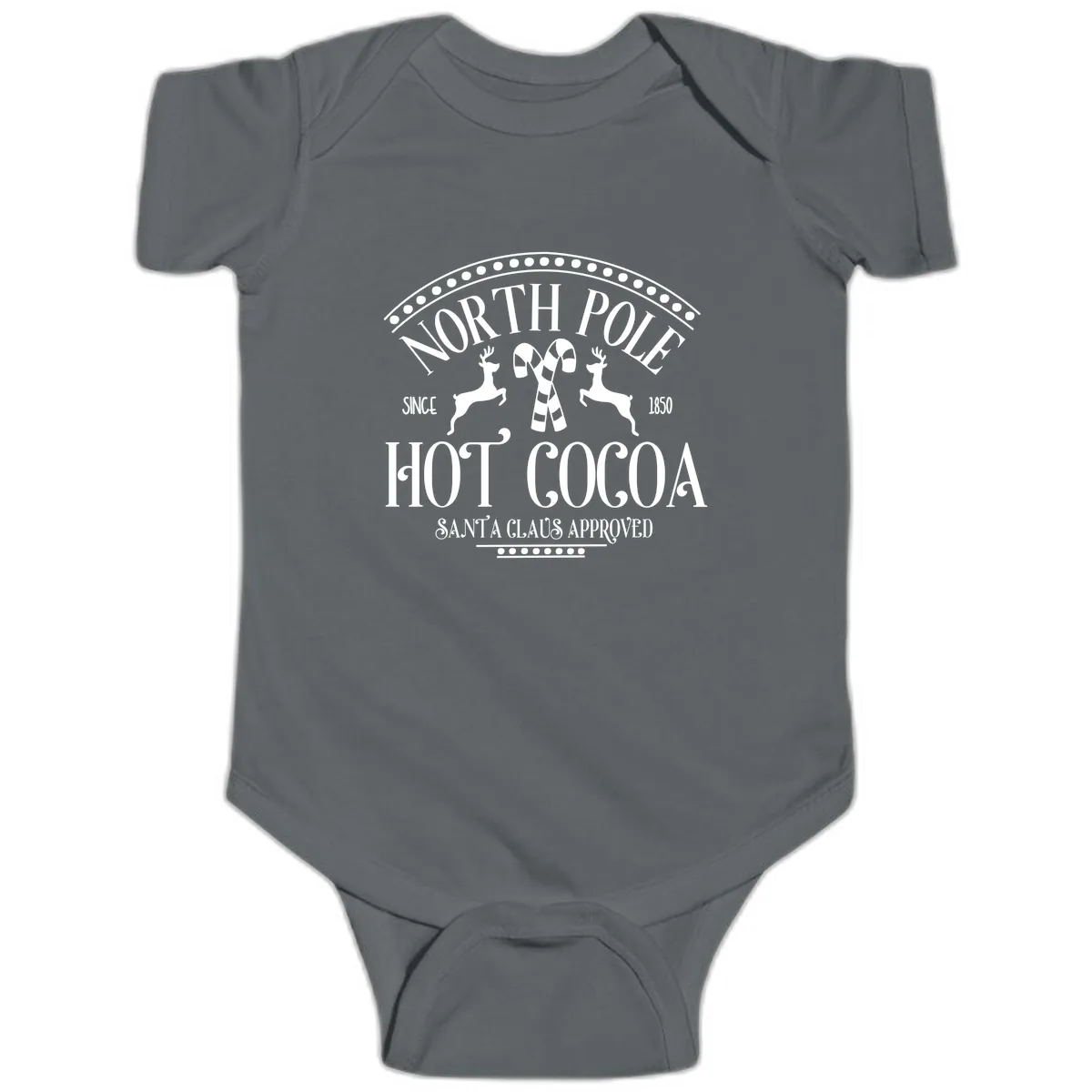 North Pole Hot Cocoa Since 1850 Sign Baby Onesie in Charcoal