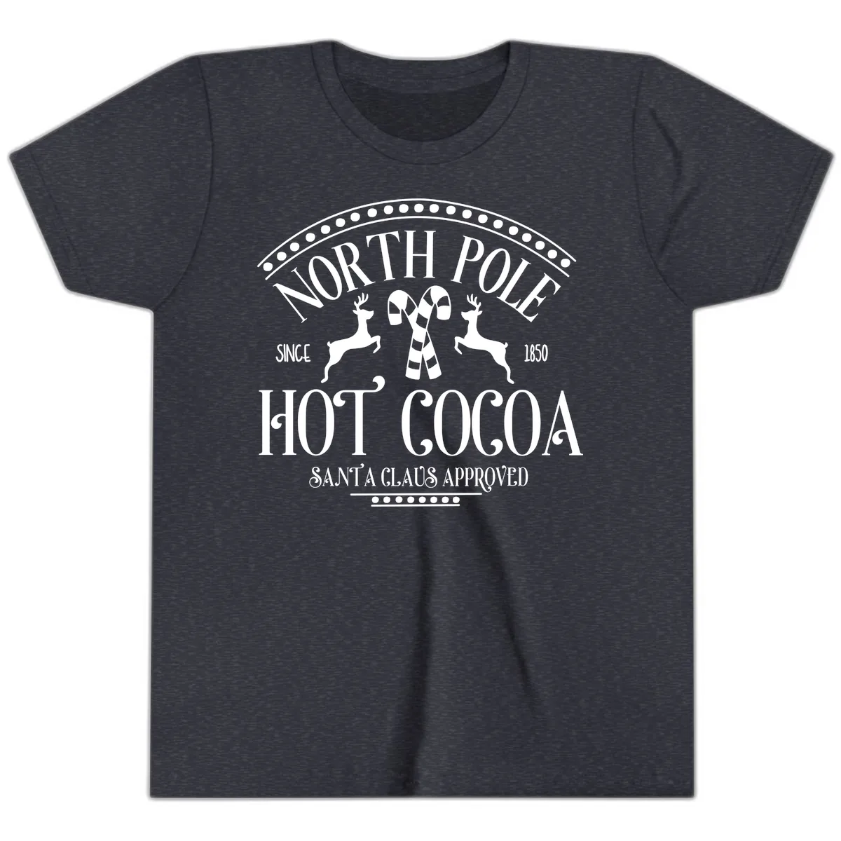 North Pole Hot Cocoa Since 1850 Sign Youth T-Shirt in Heather Navy