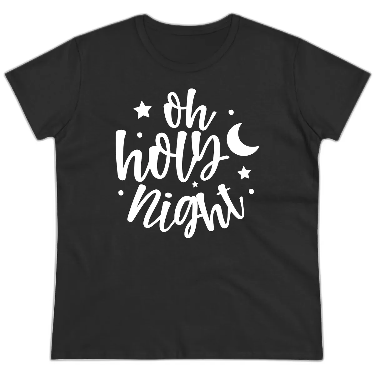 Oh Holy Night Christmas Script Design Ladies Tee in Black