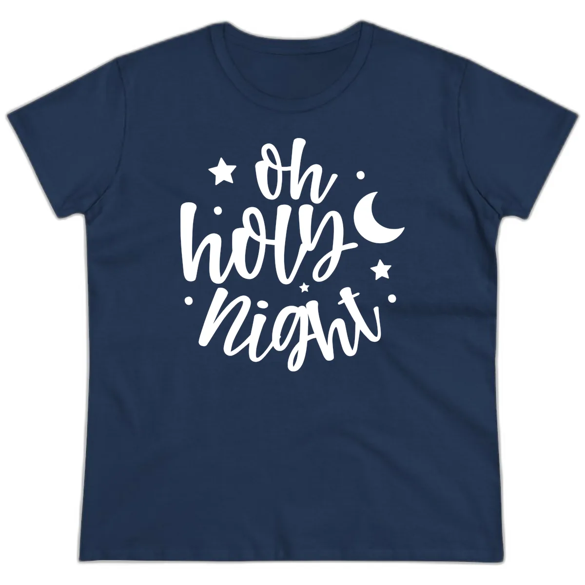 Oh Holy Night Christmas Script Design Ladies Tee in Navy