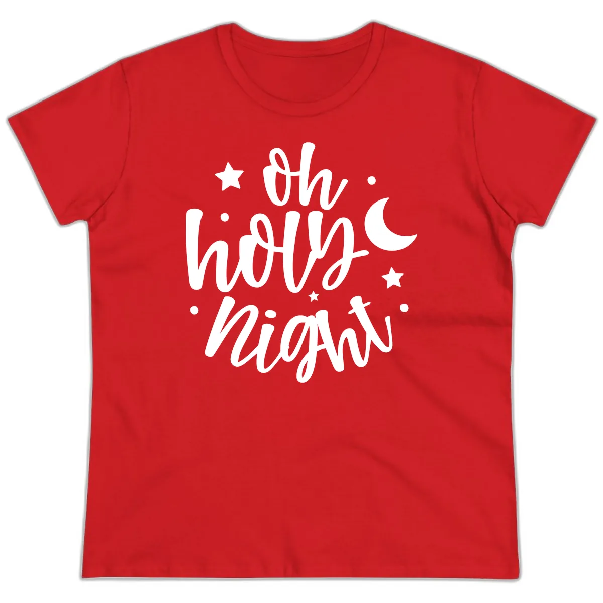 Oh Holy Night Christmas Script Design Ladies Tee in Red