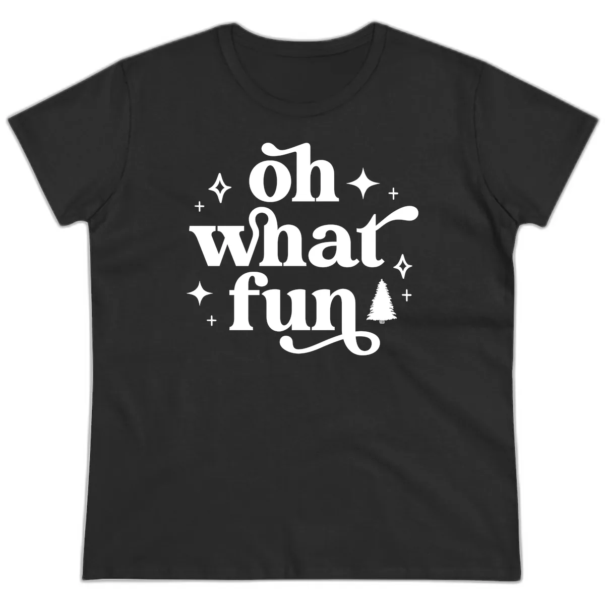 Oh What Fun Christmas Phrase Ladies Tee in Black