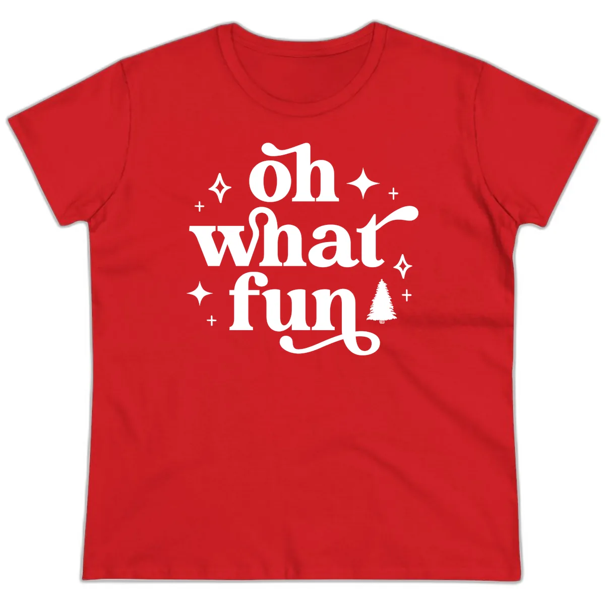 Oh What Fun Christmas Phrase Ladies Tee in Red
