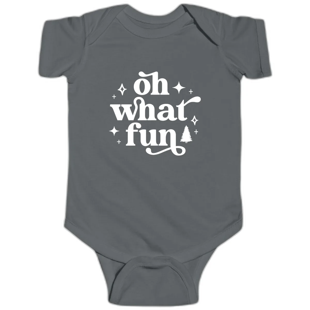 Oh What Fun Christmas Phrase Baby Onesie in Charcoal