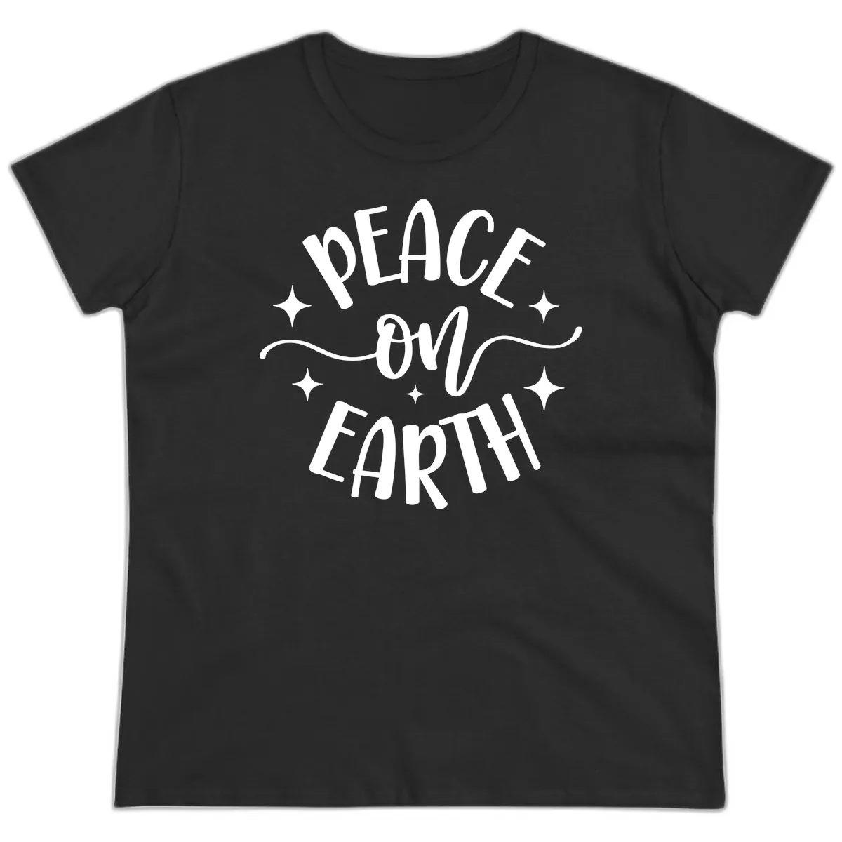 Peace On Earth Holiday Typography Ladies Tee in Black