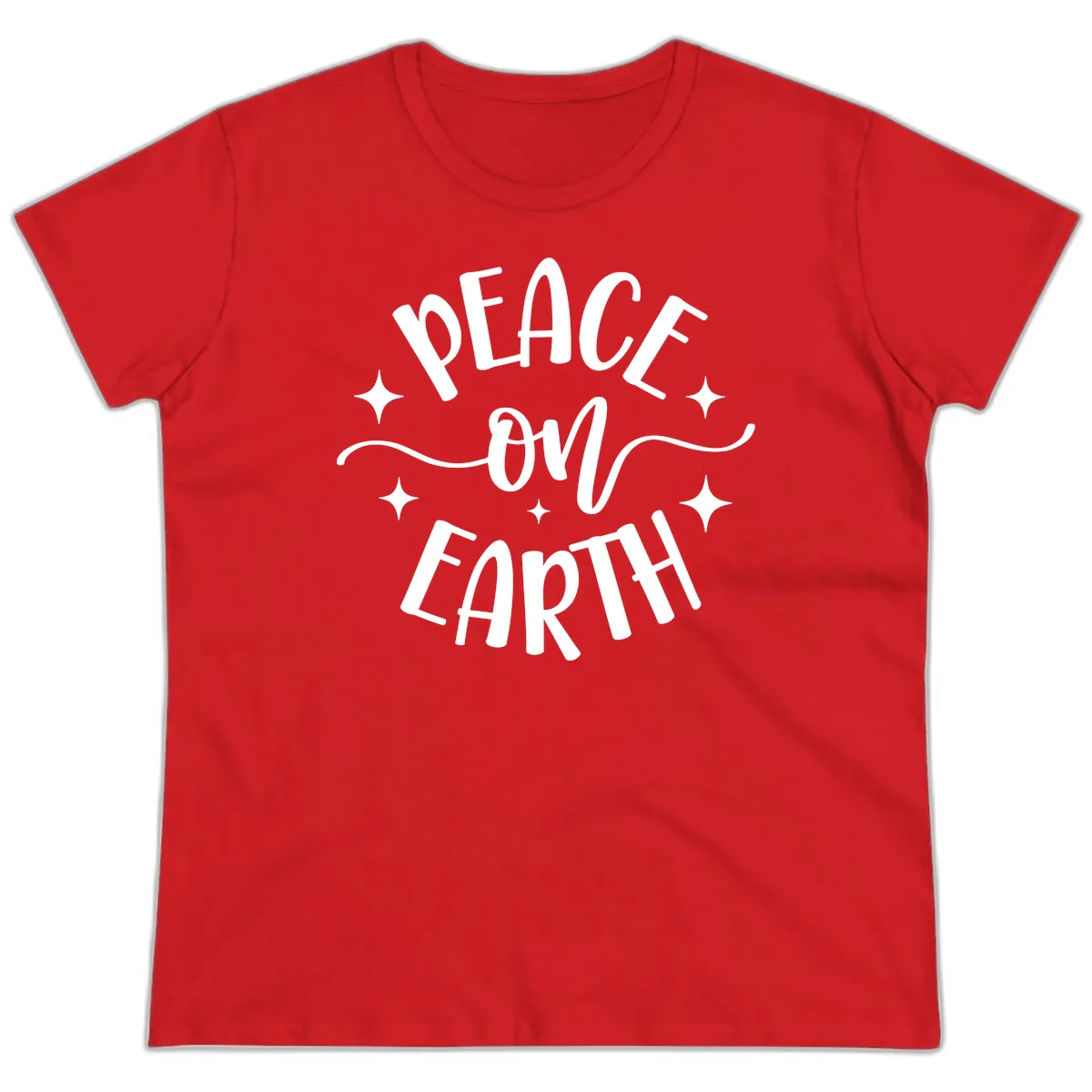 Peace On Earth Holiday Typography Ladies Tee in Red