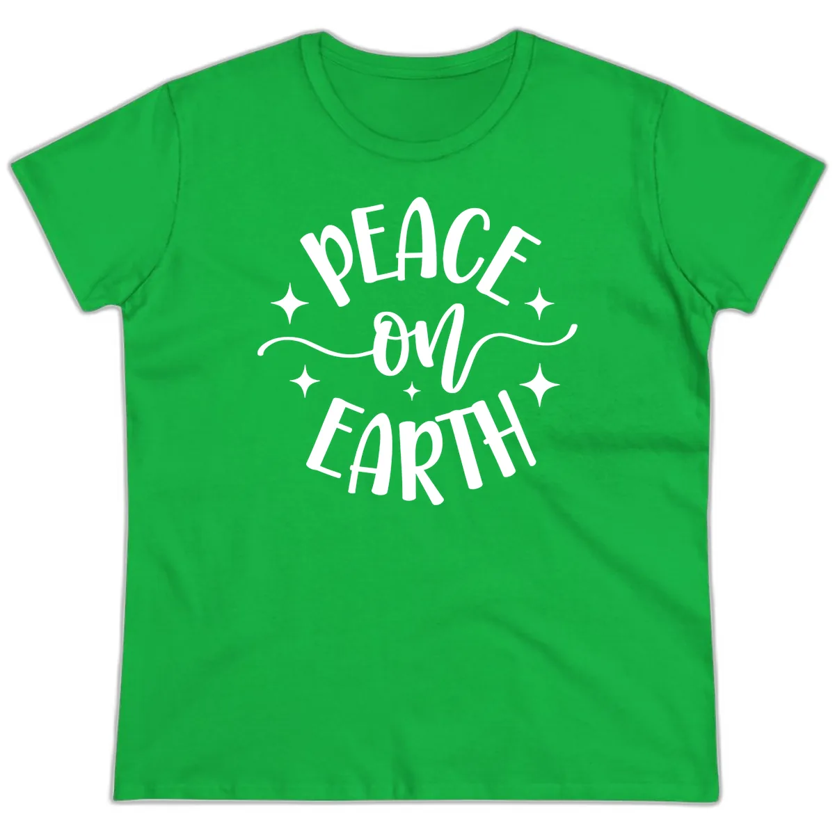 Peace On Earth Holiday Typography Ladies Tee in Irish Green