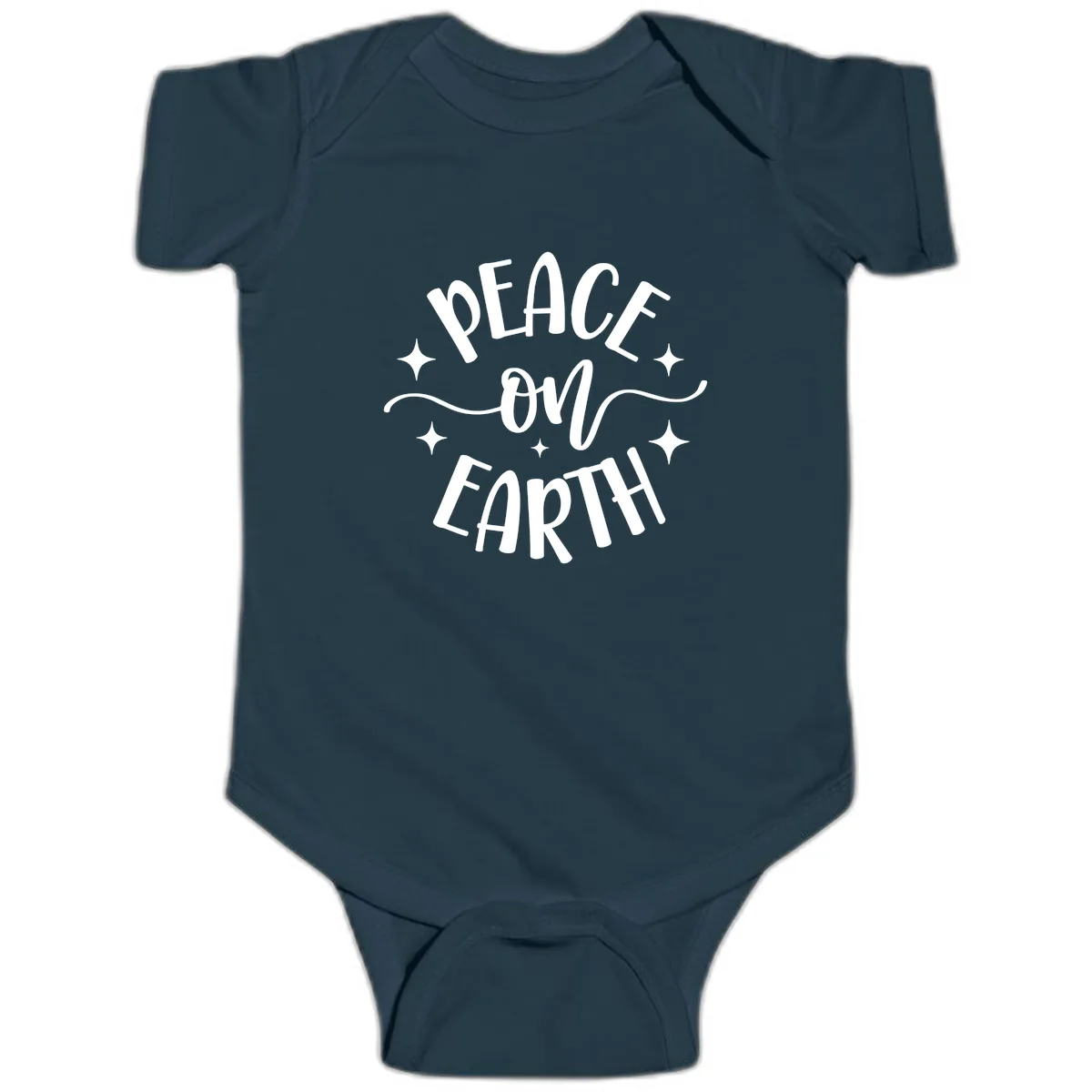 Peace On Earth Holiday Typography Baby Onesie in Navy