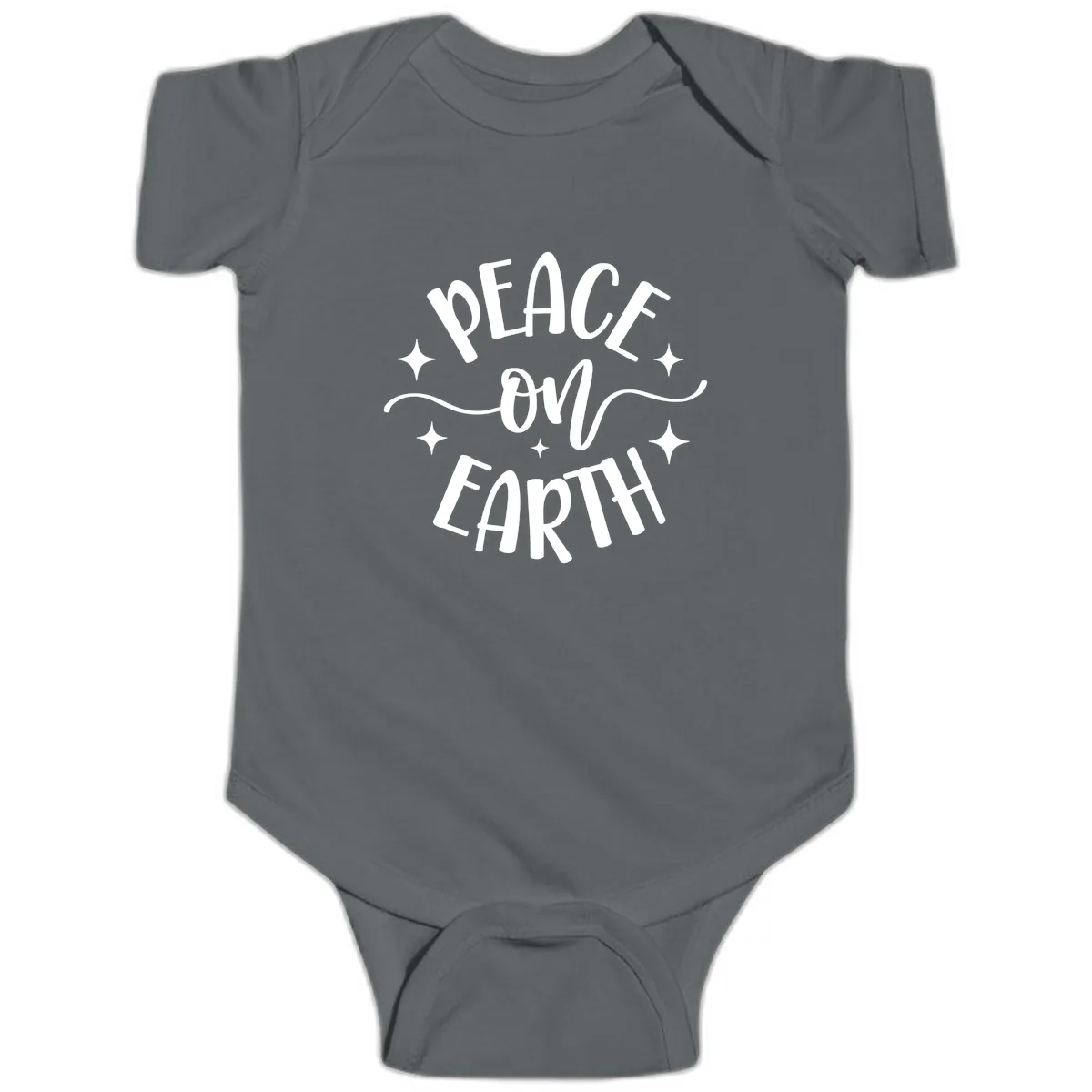Peace On Earth Holiday Typography Baby Onesie in Charcoal