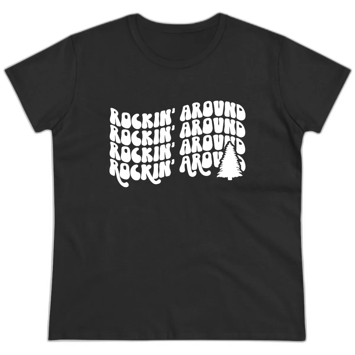 Rockin Around The Christmas Tree Ladies Tee in Black