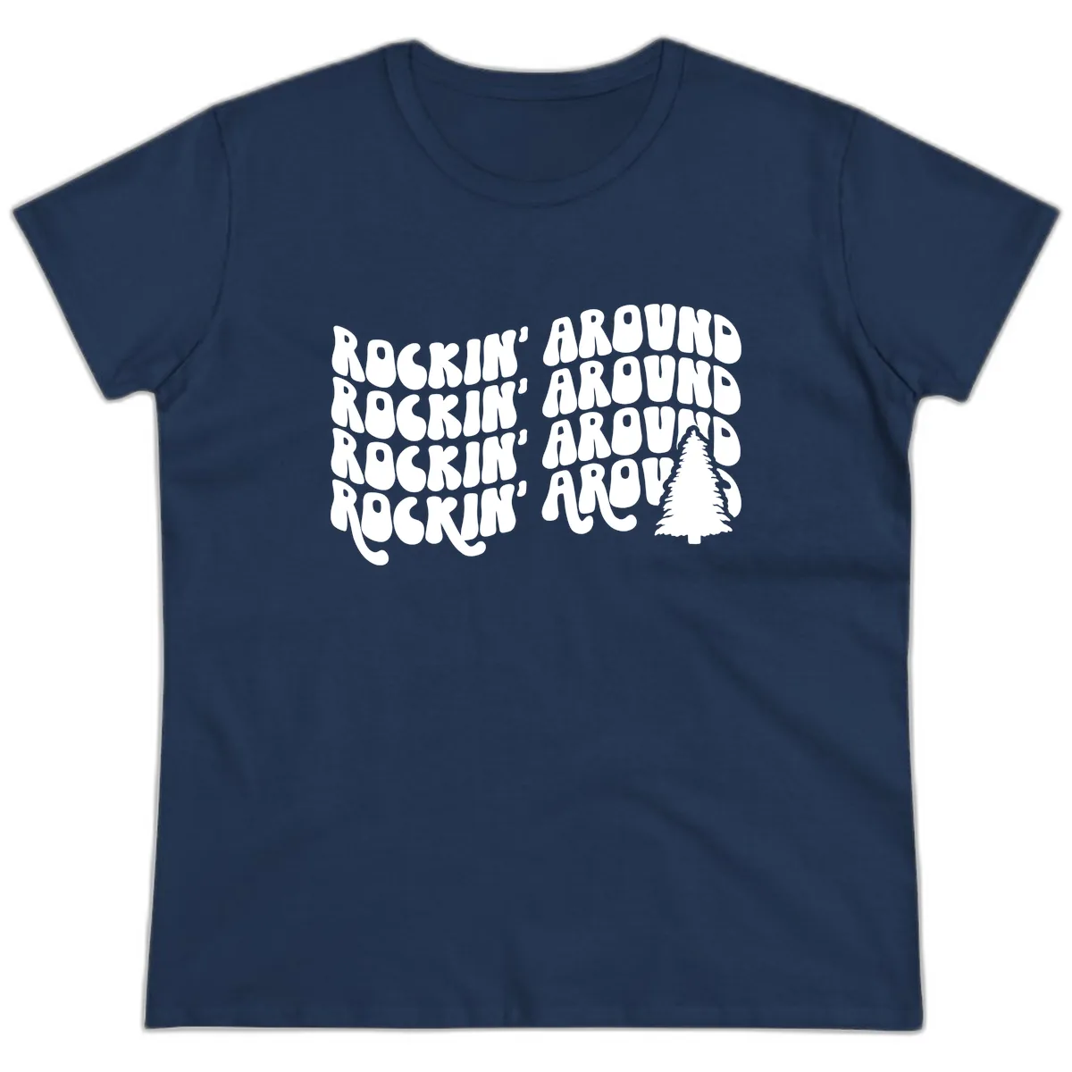 Rockin Around The Christmas Tree Ladies Tee in Navy