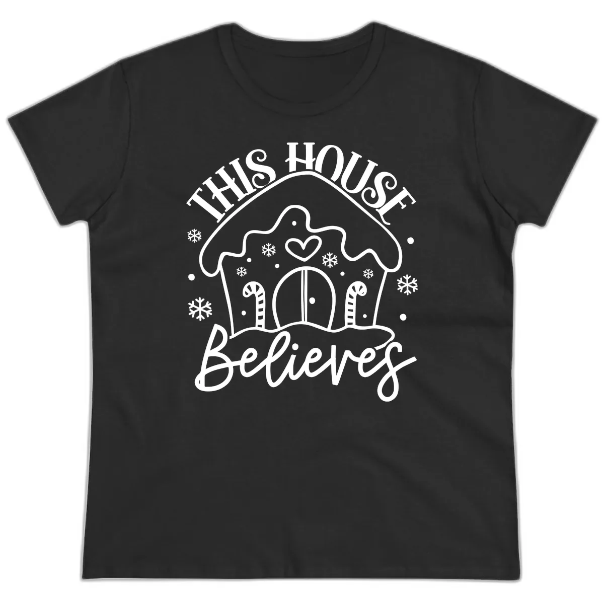 This House Believes Gingerbread Design Ladies Tee in Black
