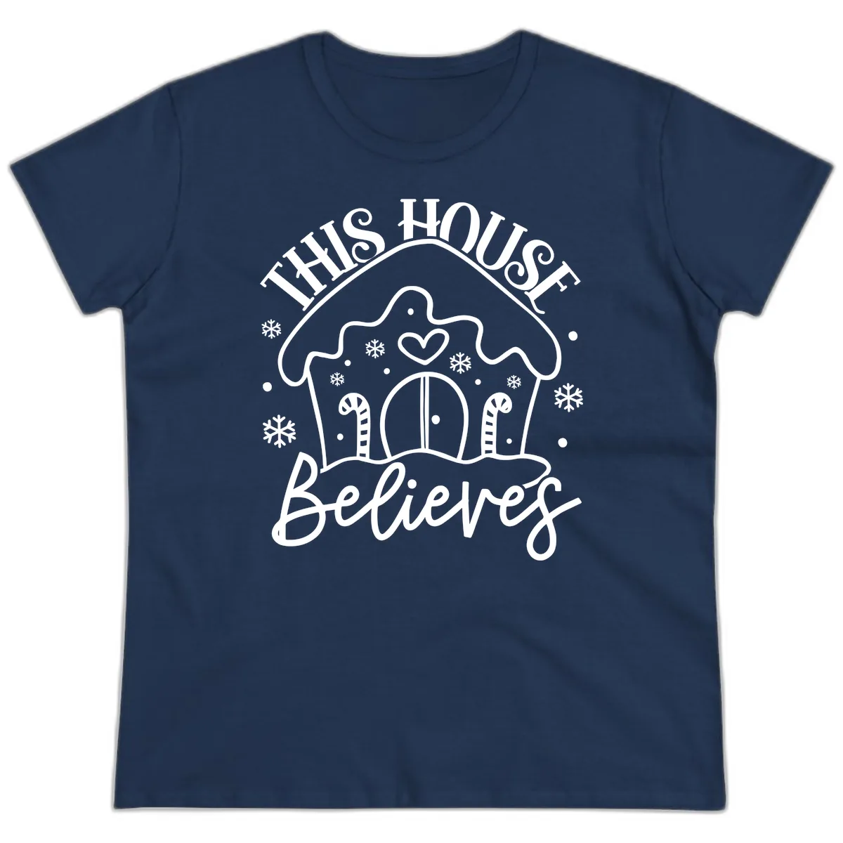 This House Believes Gingerbread Design Ladies Tee in Navy