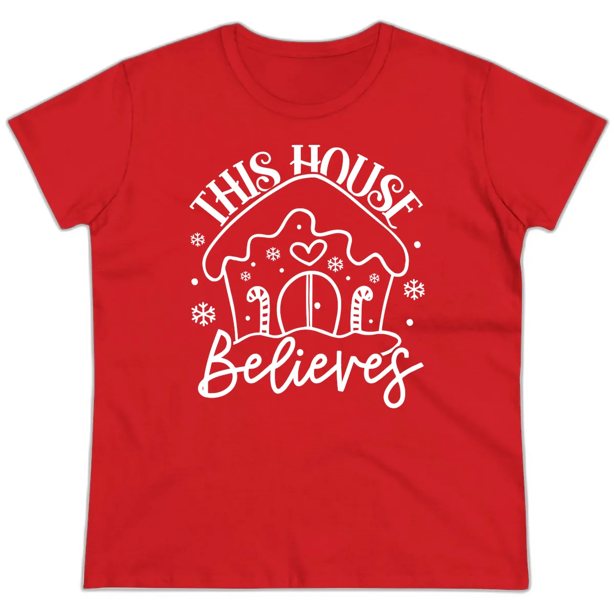 This House Believes Gingerbread Design Ladies Tee in Red