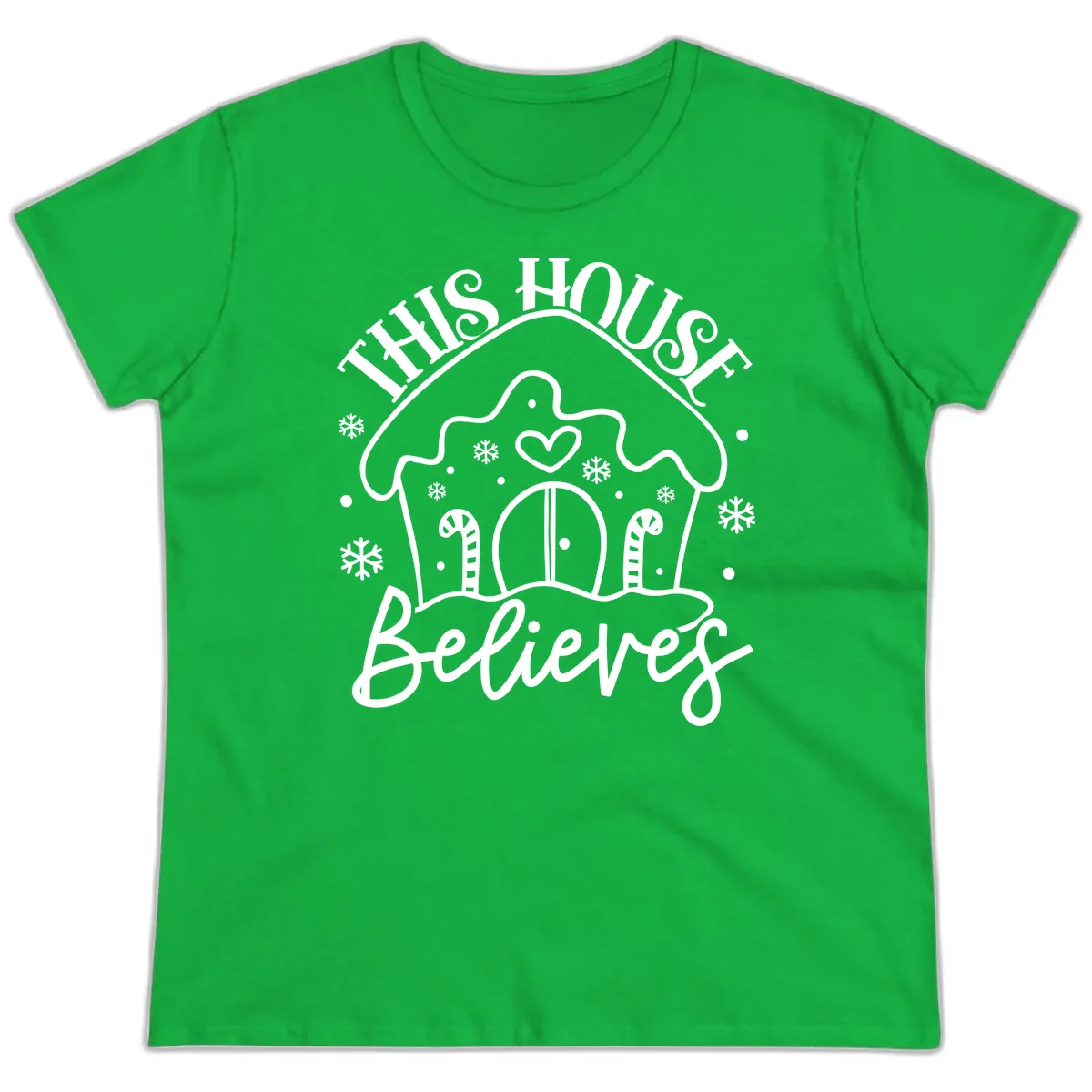 This House Believes Gingerbread Design Ladies Tee in Irish Green