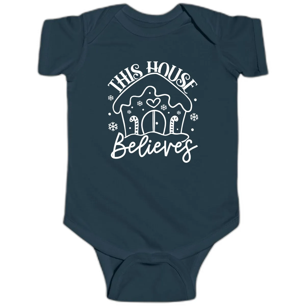 This House Believes Gingerbread Design Baby Onesie in Navy