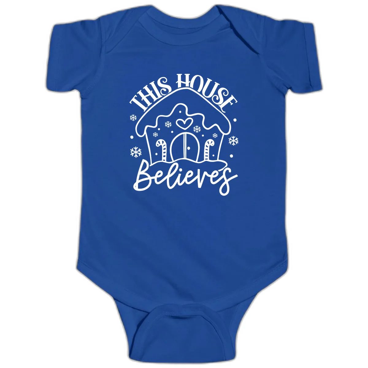 This House Believes Gingerbread Design Baby Onesie in Royal