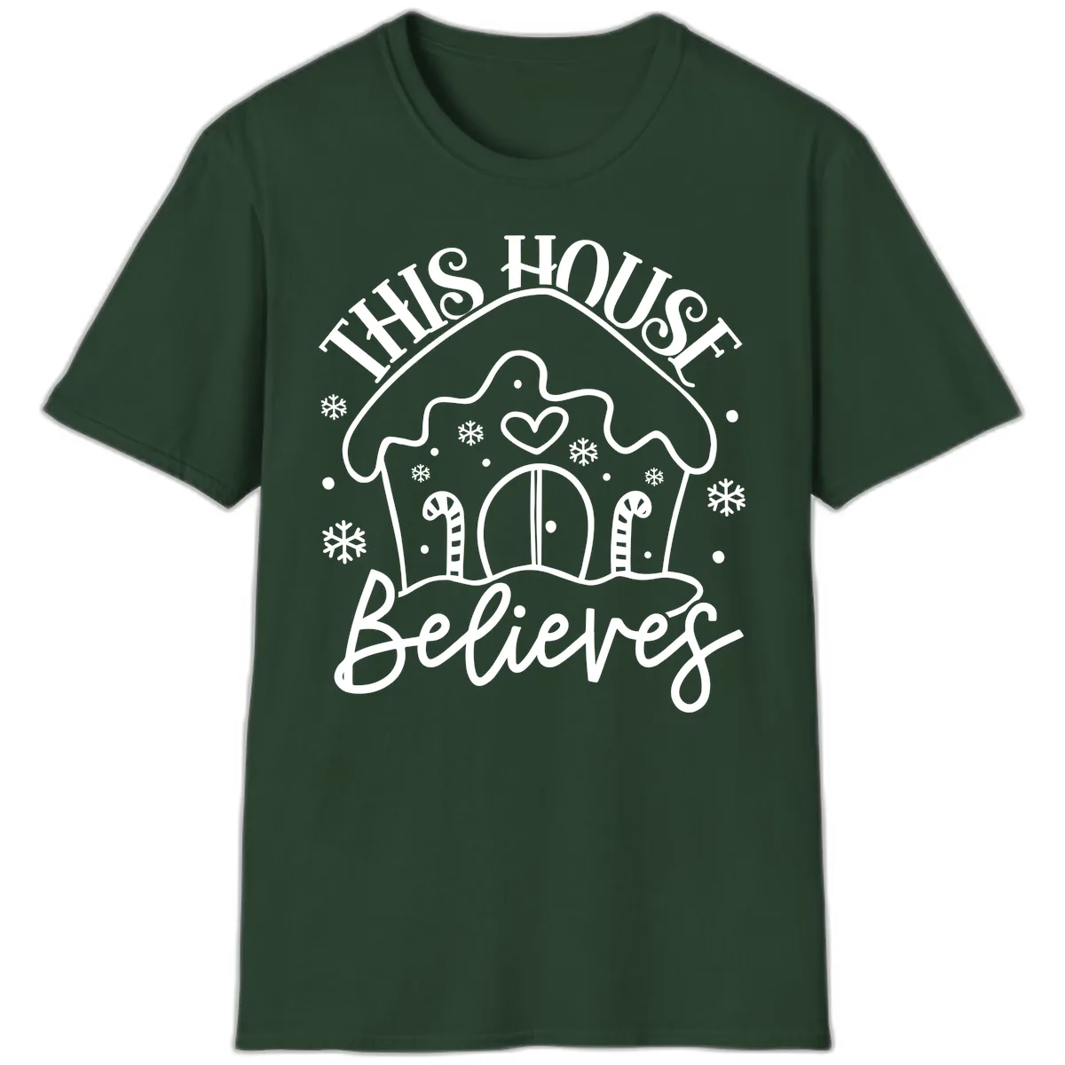 This House Believes Gingerbread Design T-Shirt in Forest Green