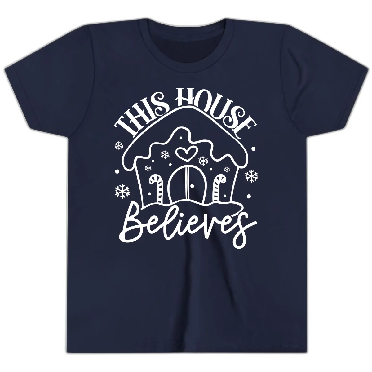 This House Believes Gingerbread Design Youth T-Shirt in Navy