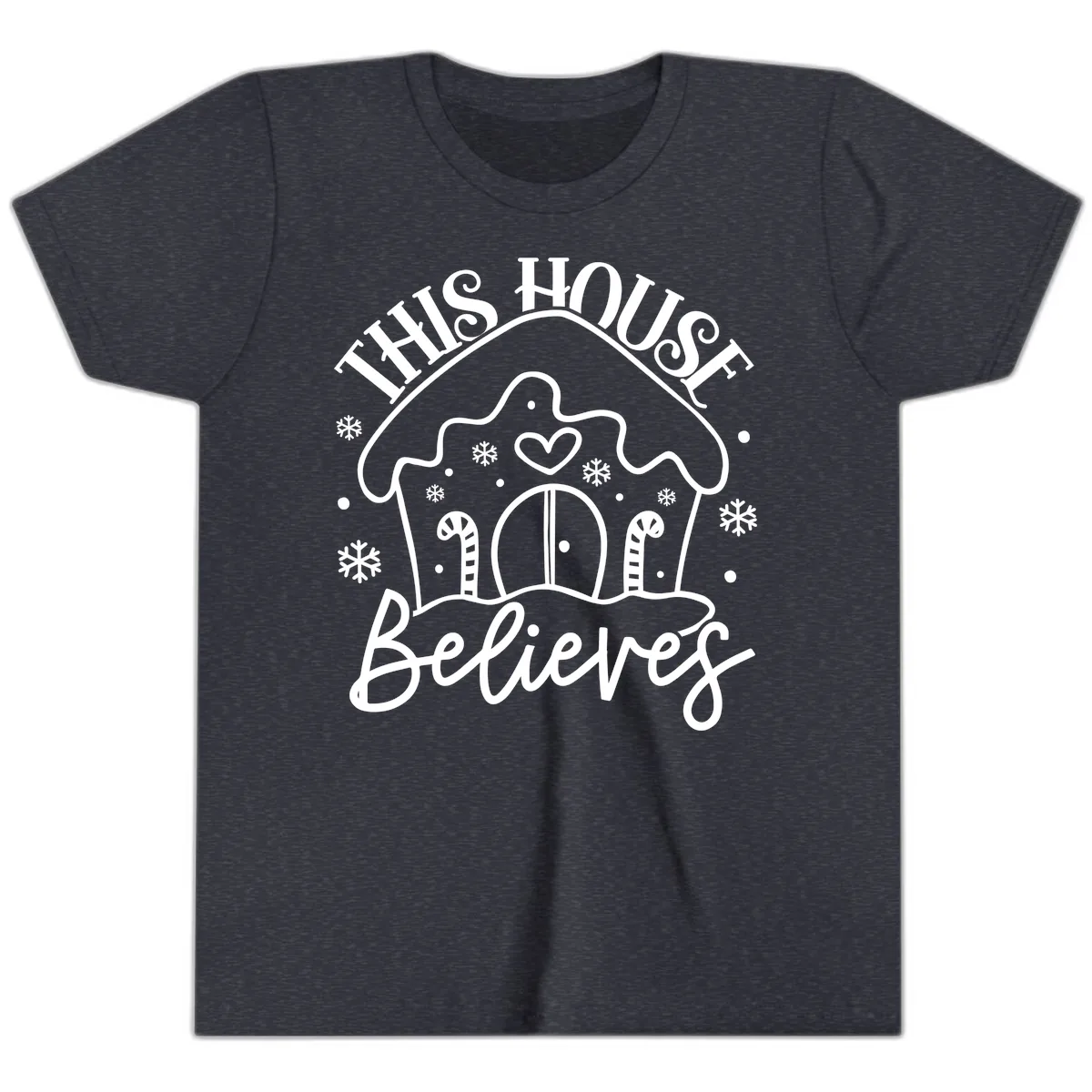 This House Believes Gingerbread Design Youth T-Shirt in Heather Navy