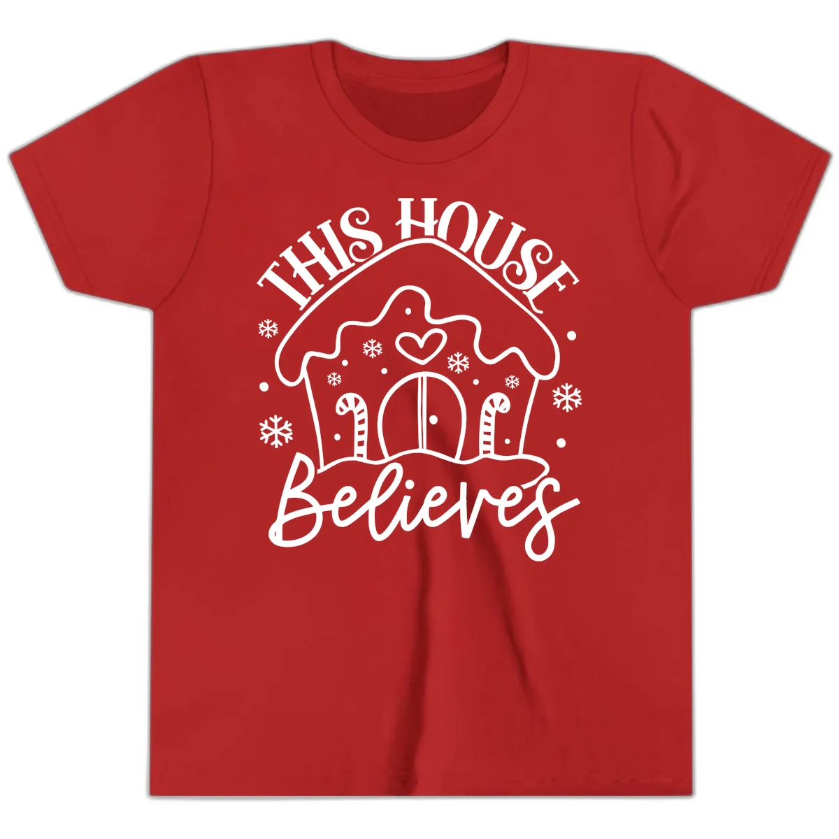 This House Believes Gingerbread Design Youth T-Shirt in Red
