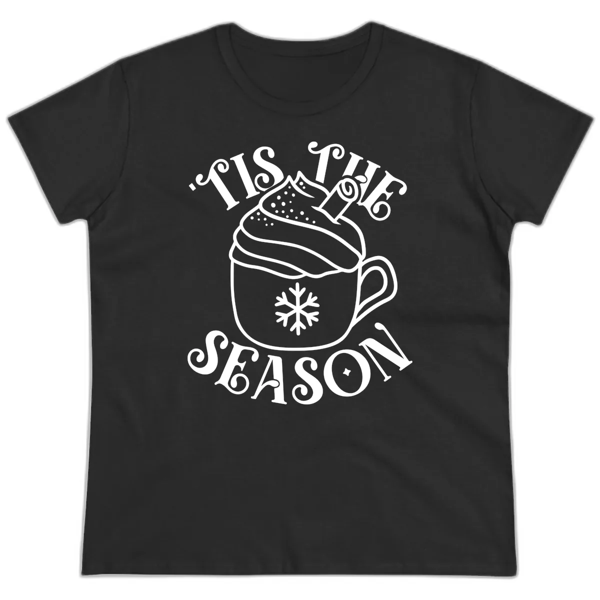 Tis The Season Hot Cocoa Mug Ladies Tee in Black