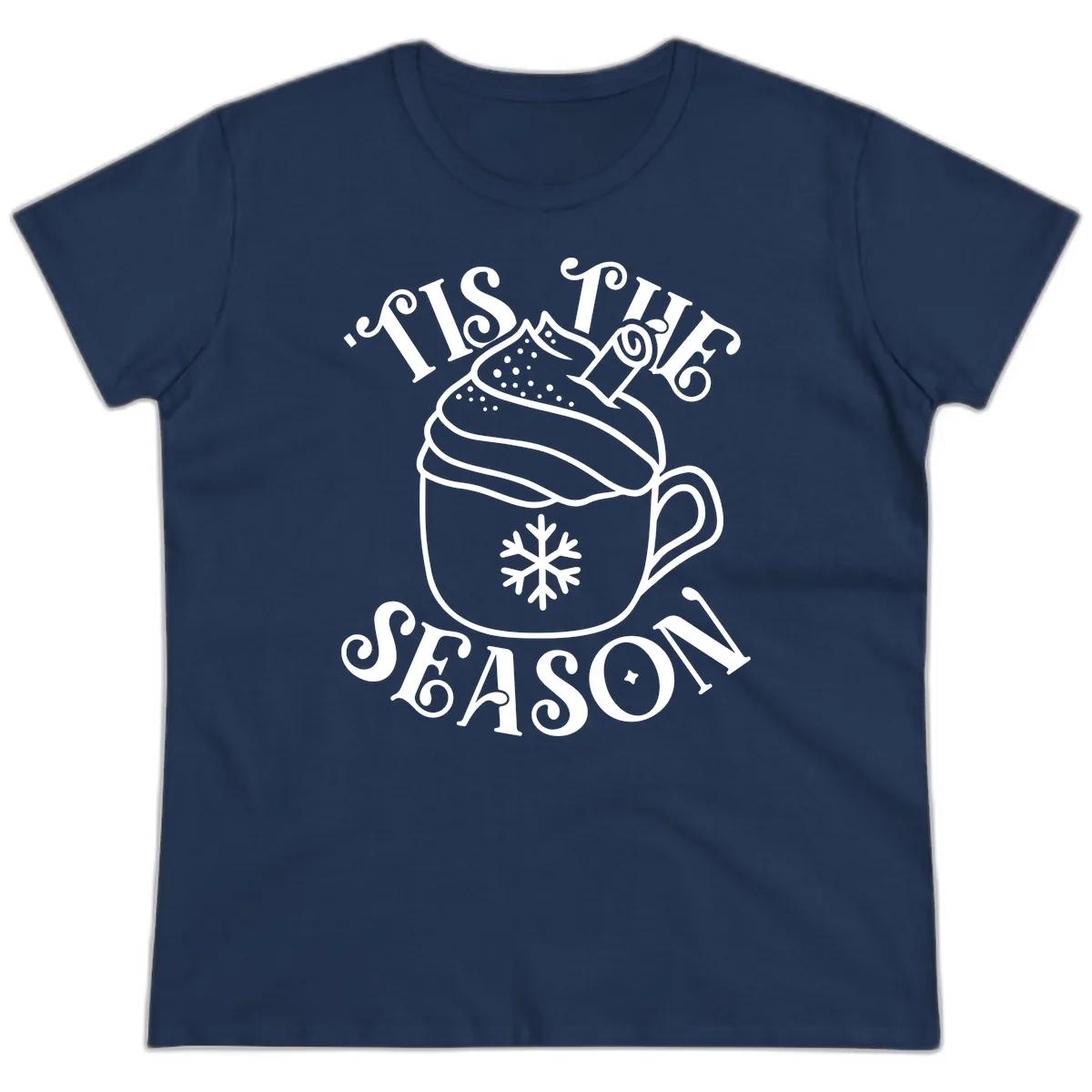Tis The Season Hot Cocoa Mug Ladies Tee in Navy