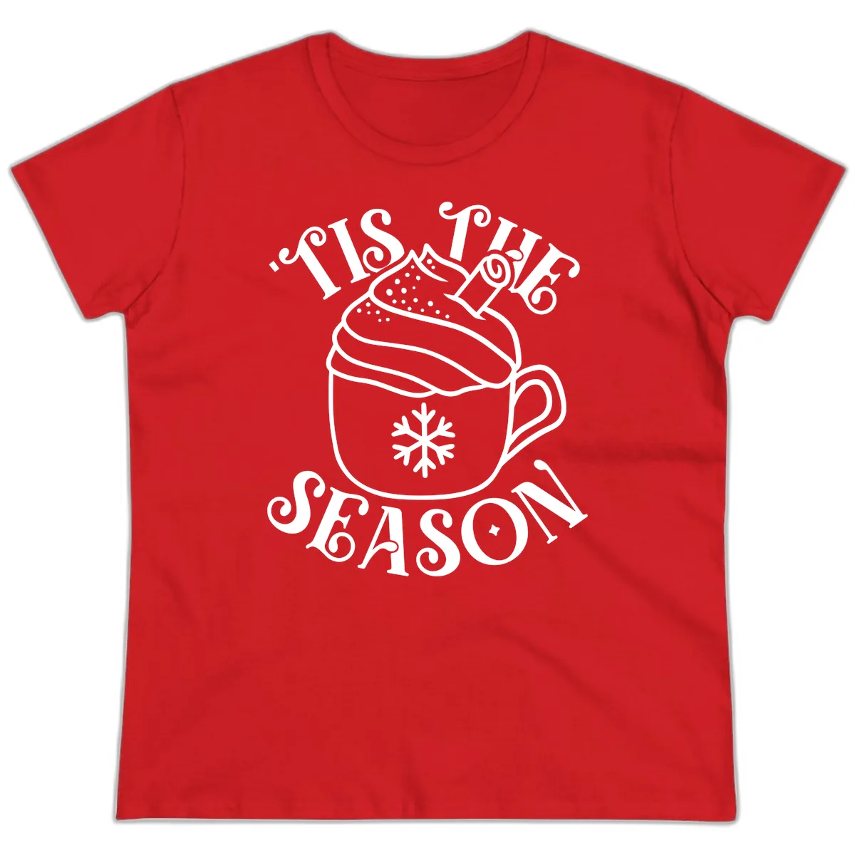 Tis The Season Hot Cocoa Mug Ladies Tee in Red
