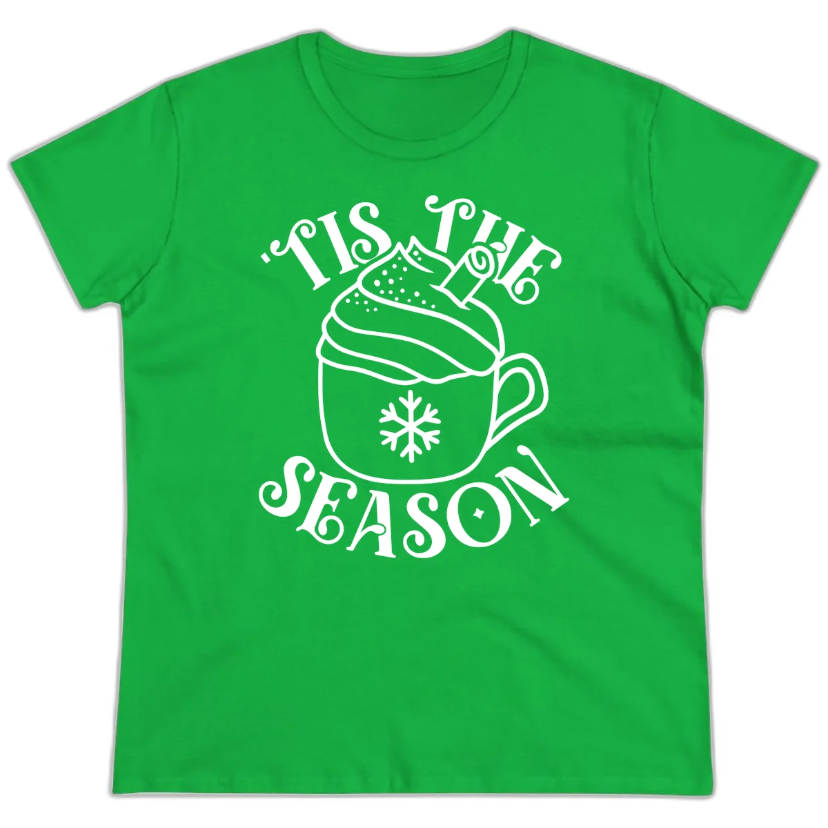 Tis The Season Hot Cocoa Mug Ladies Tee in Irish Green