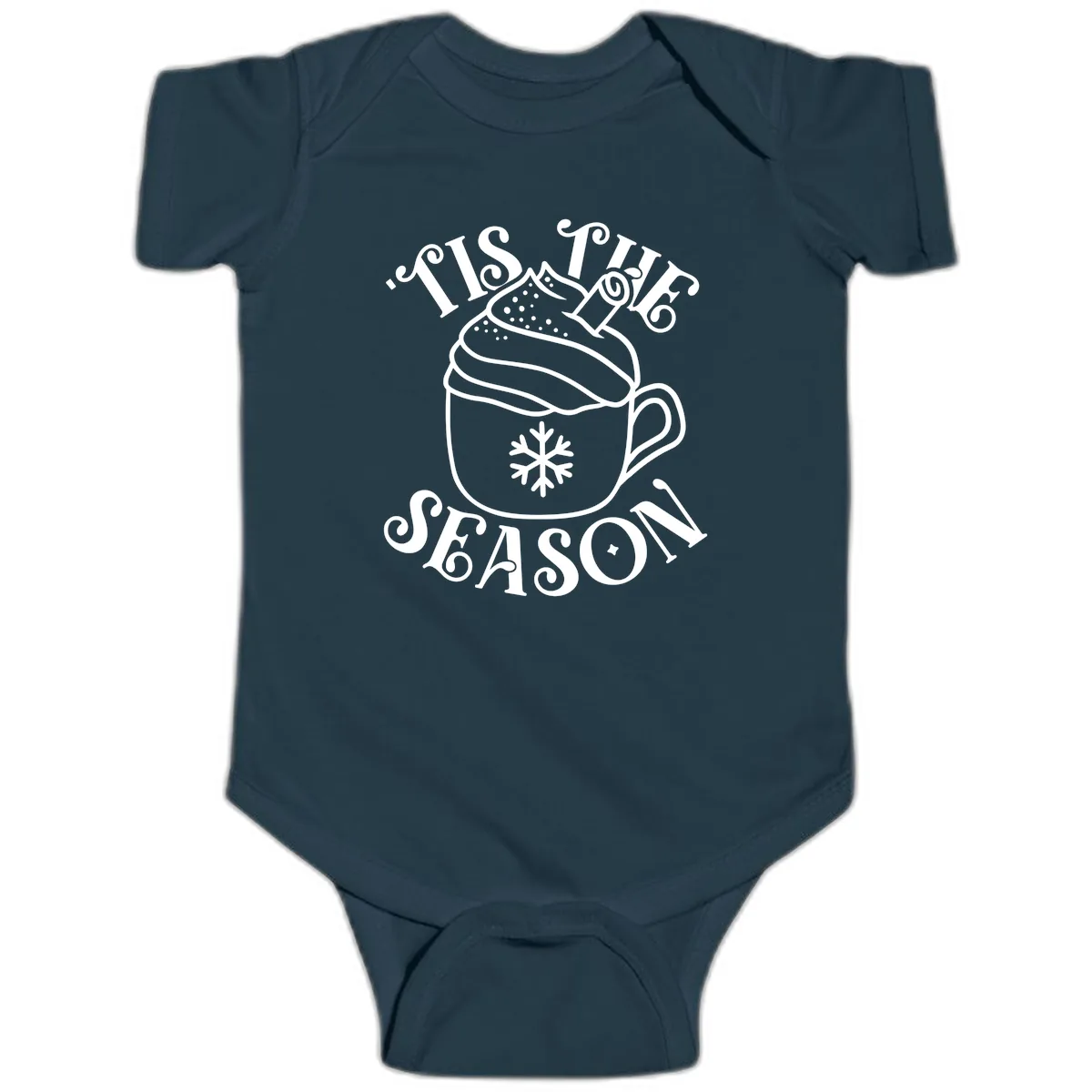 Tis The Season Hot Cocoa Mug Baby Onesie in Navy