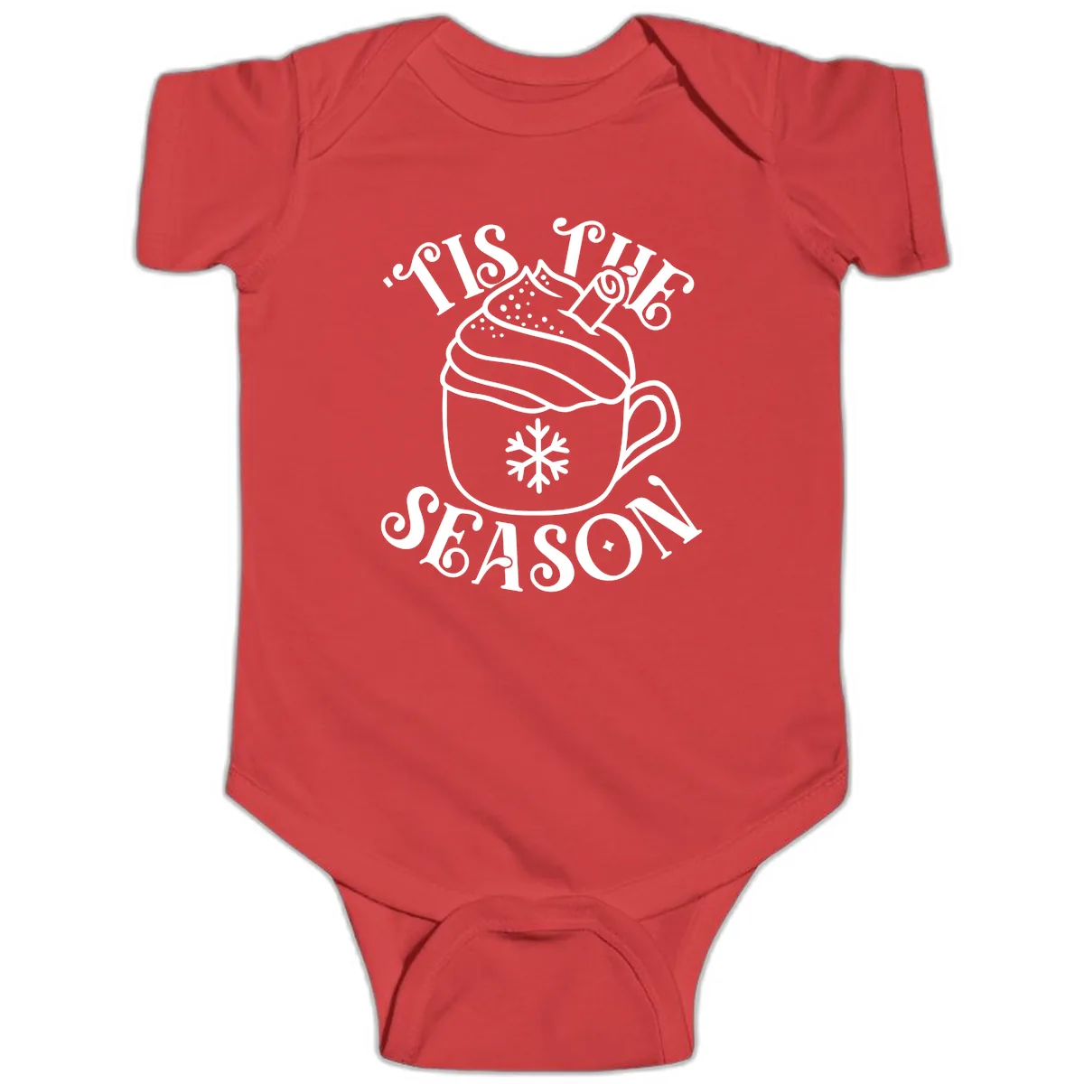 Tis The Season Hot Cocoa Mug Baby Onesie in Red