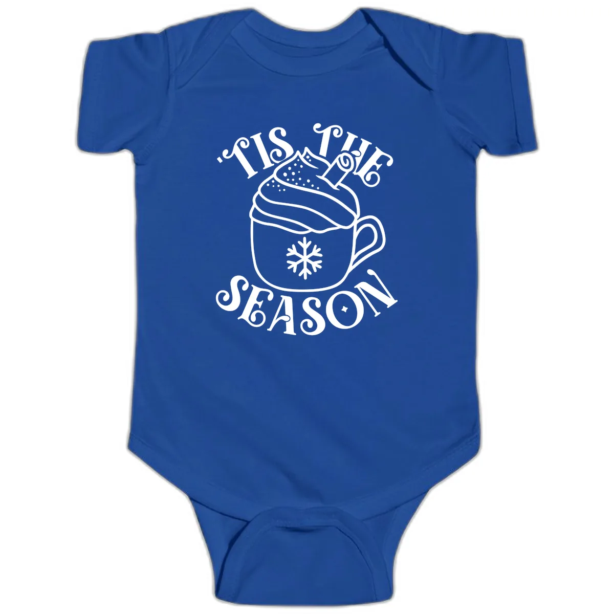 Tis The Season Hot Cocoa Mug Baby Onesie in Royal