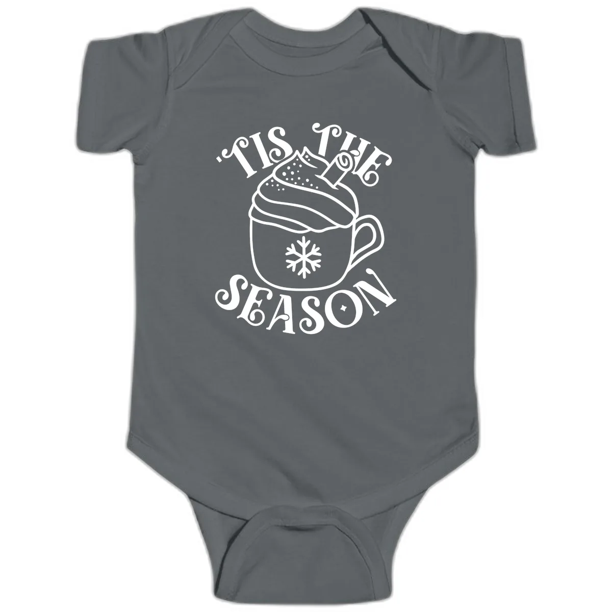 Tis The Season Hot Cocoa Mug Baby Onesie in Charcoal
